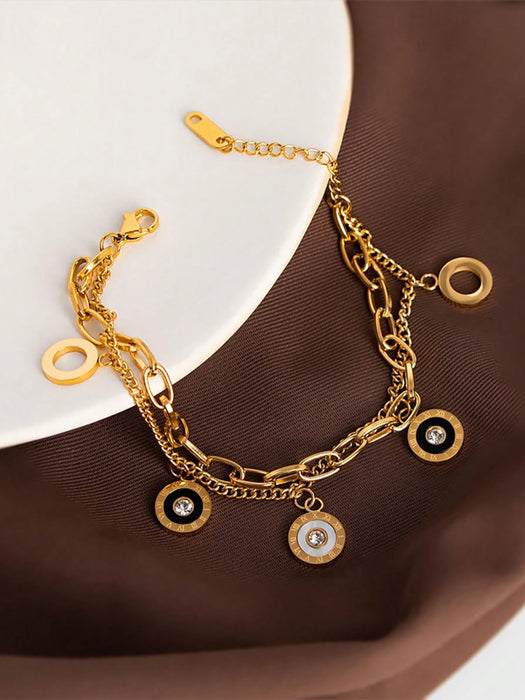 1 pieza Pulsera de acero inoxidable con capas de color dorado en forma de concha, con incrustaciones de lujo de rhinestone