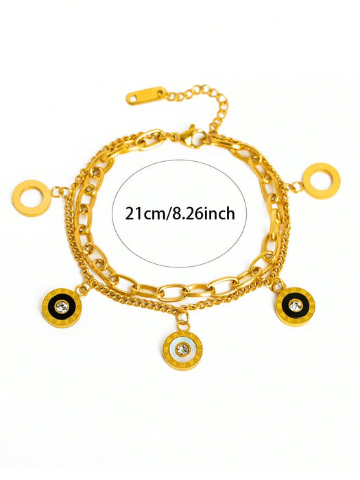 1 pieza Pulsera de acero inoxidable con capas de color dorado en forma de concha, con incrustaciones de lujo de rhinestone