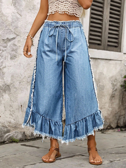 Shein EMERY ROSE Pantalones vaqueros de talle grande para mujer, con dobladillo deshilachado y sin elástico