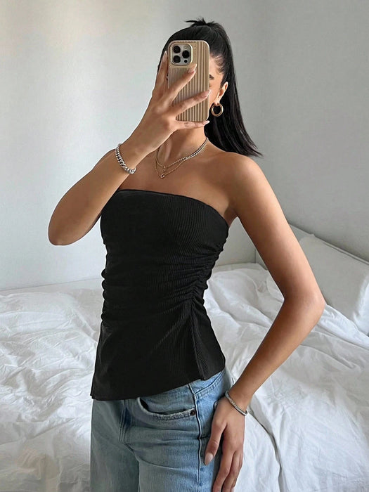 SHEIN EZwear Top bandeau fruncido de color negro liso para mujer