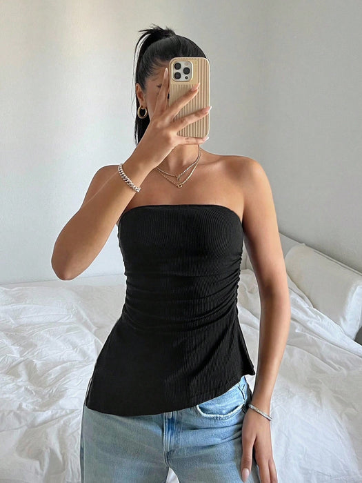 SHEIN EZwear Top bandeau fruncido de color negro liso para mujer