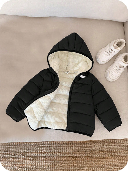 Shein Abrigo acolchado negro de invierno con capucha y cremallera para niño