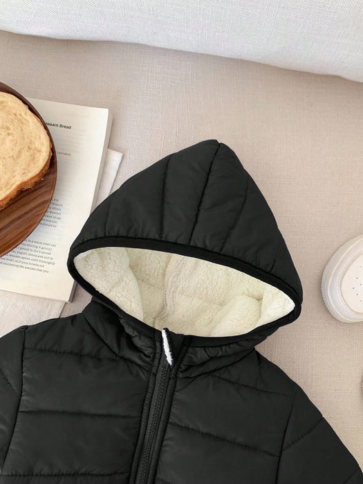 Shein Abrigo acolchado negro de invierno con capucha y cremallera para niño