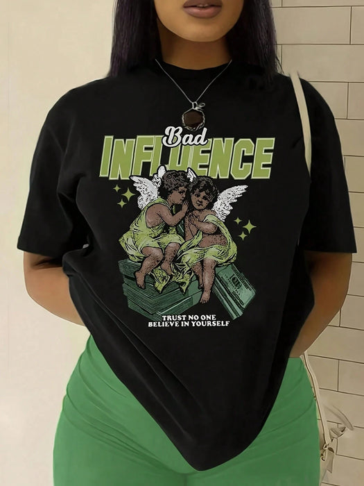 SHEIN Camiseta de mujer de talla grande con estampado de querubín y bolsa de dinero