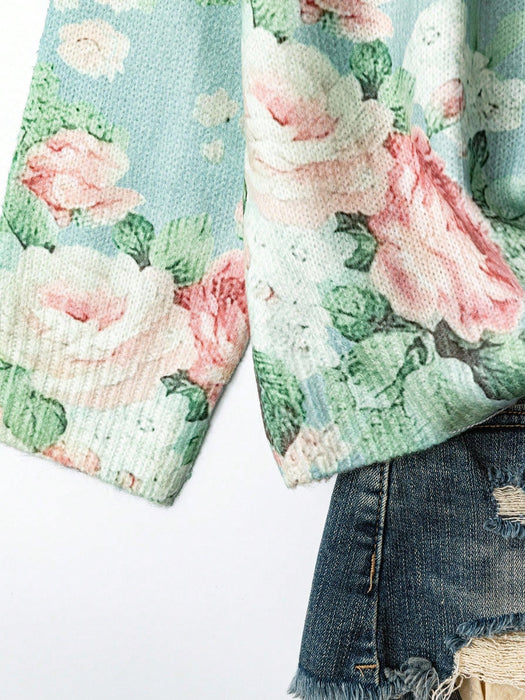 SHEIN Privé Cárdigan verde salvia para mujer, estampado floral
