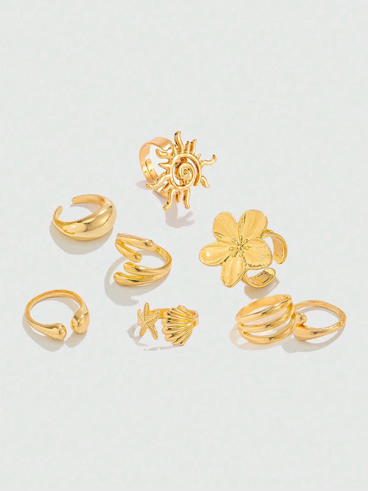 8 piezas Anillos de moda estilo océano, estrella de mar brillante, flor, espiral, sol