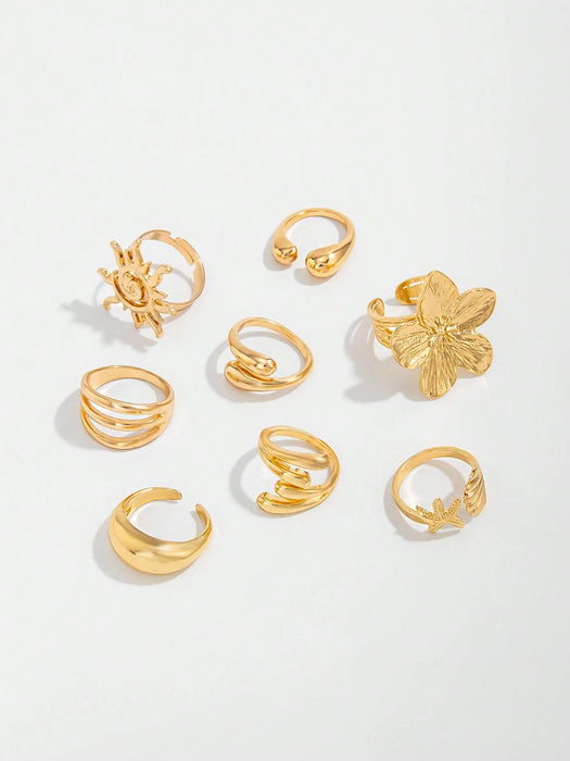 8 piezas Anillos de moda estilo océano, estrella de mar brillante, flor, espiral, sol