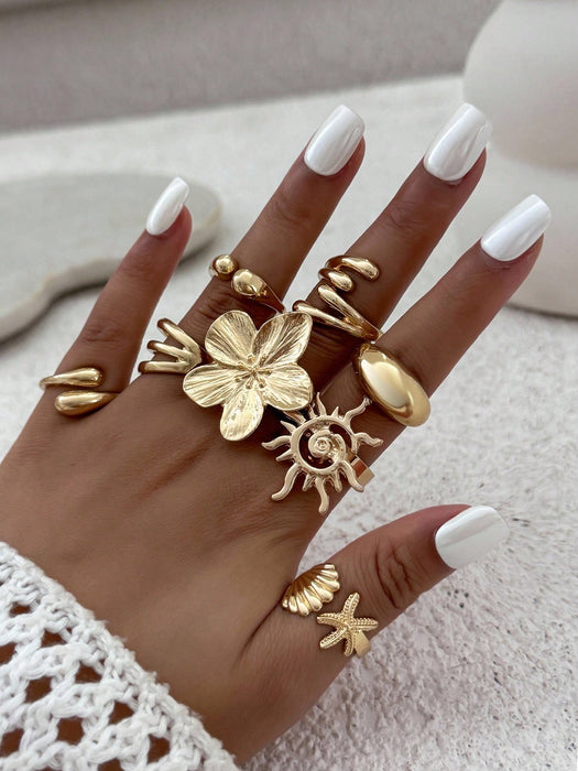 8 piezas Anillos de moda estilo océano, estrella de mar brillante, flor, espiral, sol