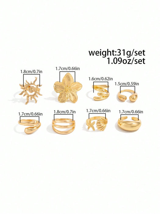 8 piezas Anillos de moda estilo océano, estrella de mar brillante, flor, espiral, sol