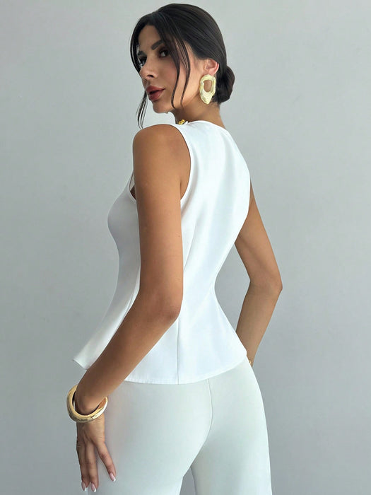 SHEIN Firerie Blusa sin mangas elegante y formal para mujer, color blanco con botones metálicos dorados