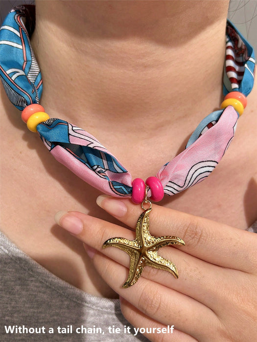 SHEIN Collar de pañuelo bohemio colorido, collar con colgante de sol y caracola