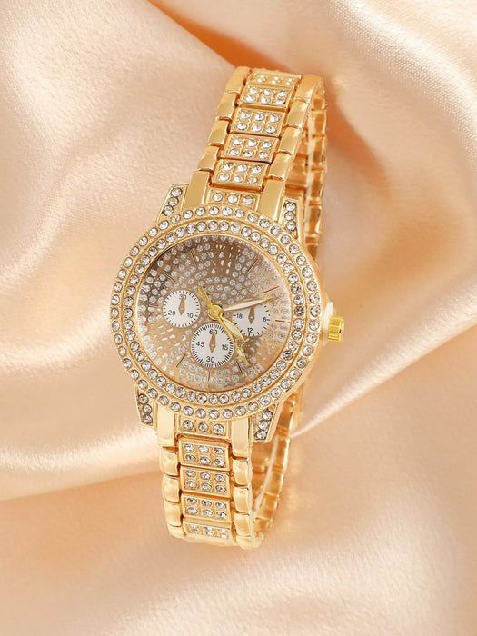 SHEIN 1 reloj de cuarzo de lujo para mujer con correa de acero aleado, diamantes incrustados