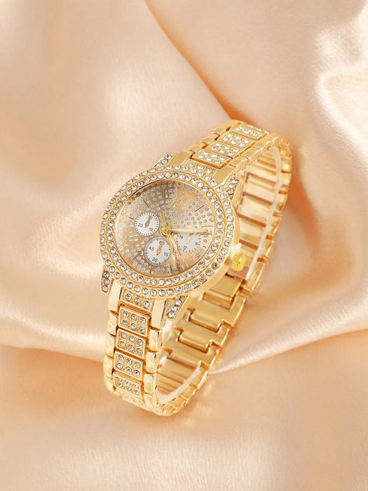 SHEIN 1 reloj de cuarzo de lujo para mujer con correa de acero aleado, diamantes incrustados