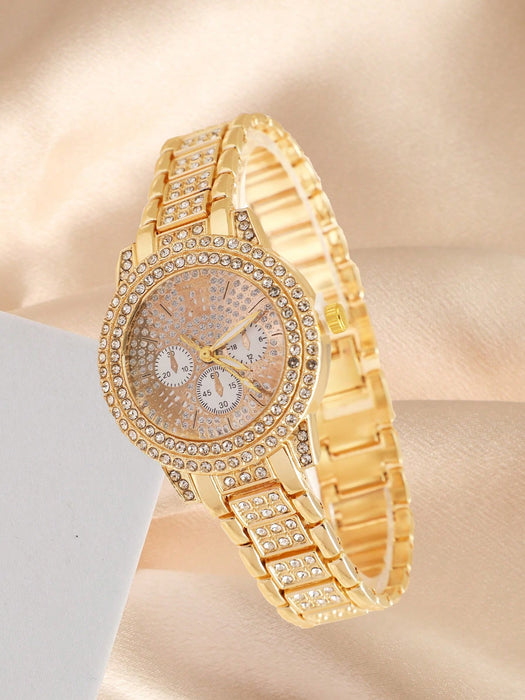 SHEIN 1 reloj de cuarzo de lujo para mujer con correa de acero aleado, diamantes incrustados