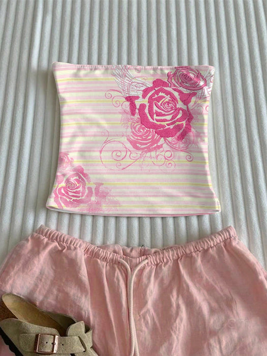 SHEIN INAWLY Top bandeau ajustado sexy y sexy con estampado floral grande rosa para mujer