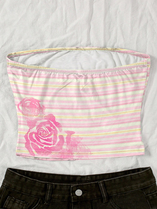 SHEIN INAWLY Top bandeau ajustado sexy y sexy con estampado floral grande rosa para mujer