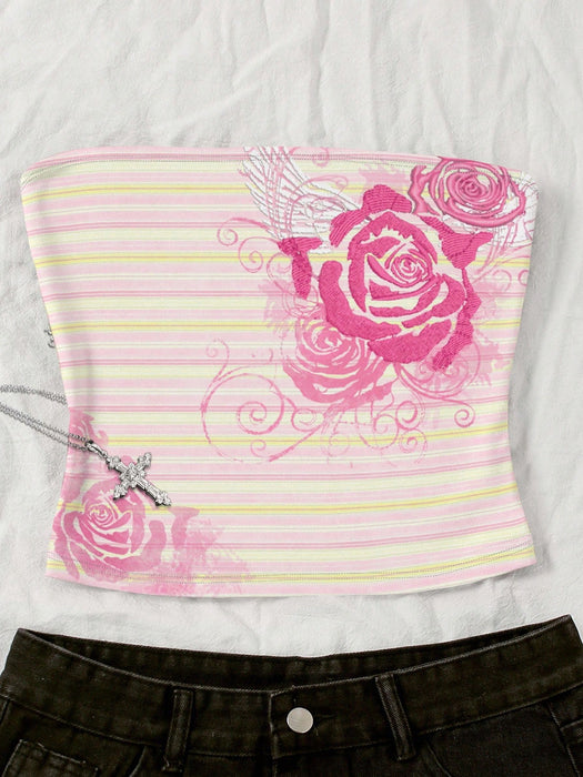 SHEIN INAWLY Top bandeau ajustado sexy y sexy con estampado floral grande rosa para mujer