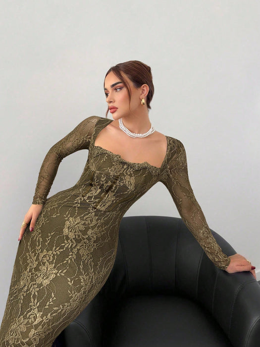 SHEIN Aloruh Vestido de mujer de estilo sirena, de manga larga, con encaje