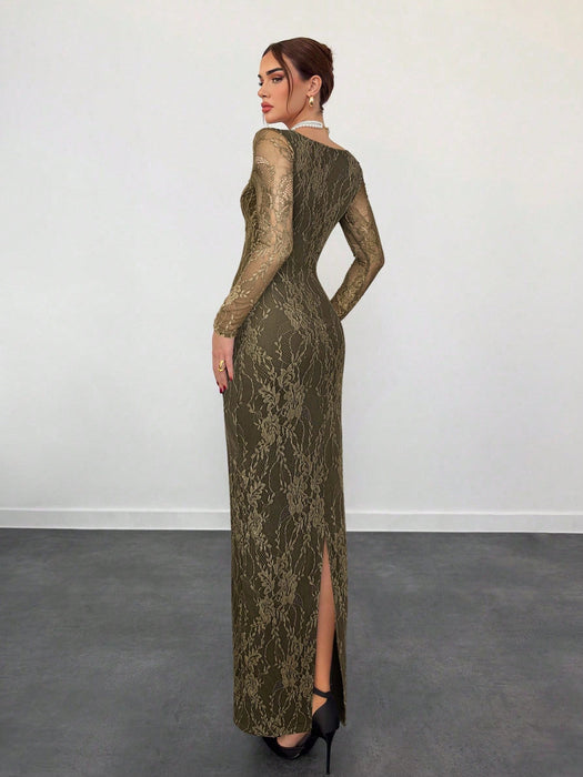 SHEIN Aloruh Vestido de mujer de estilo sirena, de manga larga, con encaje
