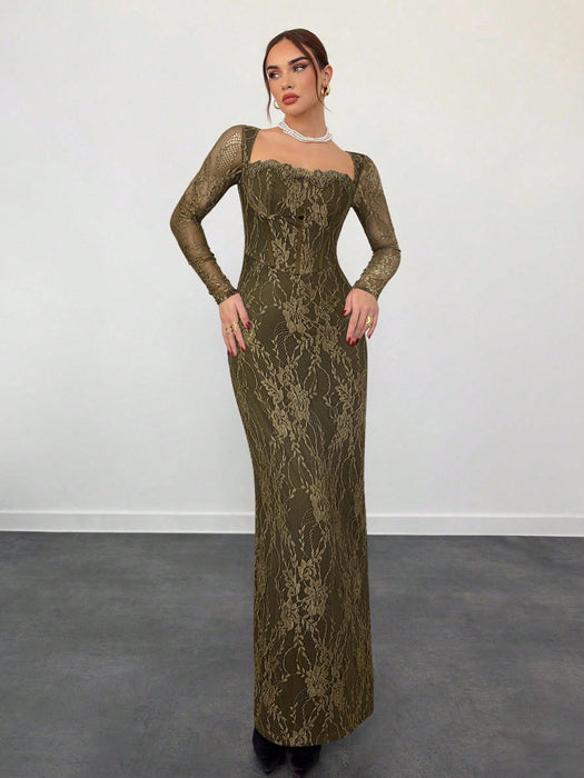 SHEIN Aloruh Vestido de mujer de estilo sirena, de manga larga, con encaje