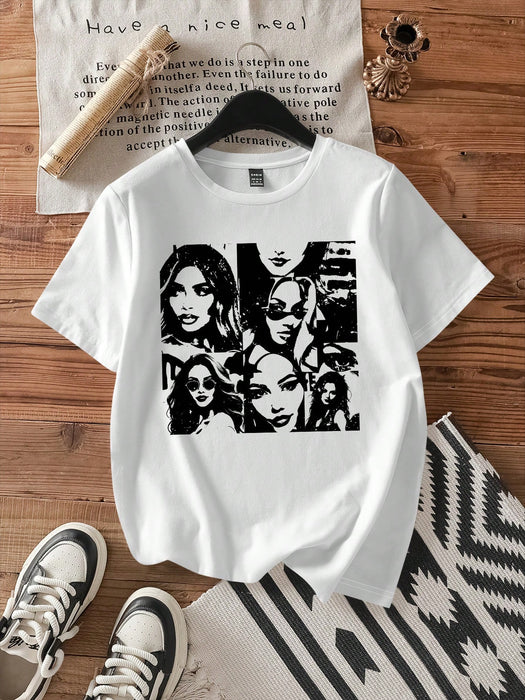 Shein Attitoon Camiseta de mujer Casual con estampado de retrato, cuello redondo, manga corta