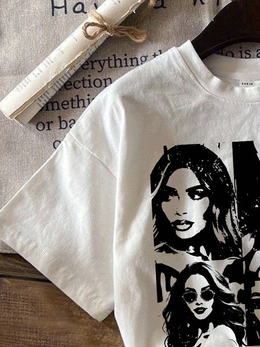 Shein Attitoon Camiseta de mujer Casual con estampado de retrato, cuello redondo, manga corta
