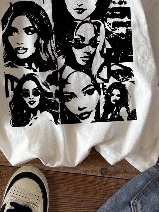 Shein Attitoon Camiseta de mujer Casual con estampado de retrato, cuello redondo, manga corta