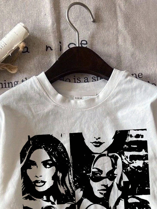 Shein Attitoon Camiseta de mujer Casual con estampado de retrato, cuello redondo, manga corta