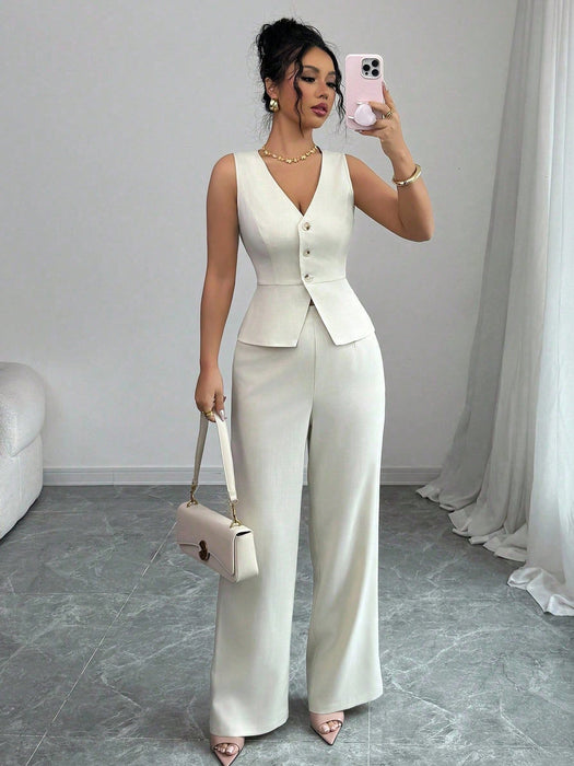 Shein Elenzga Conjunto elegante de camisola sin mangas y pantalones para mujer