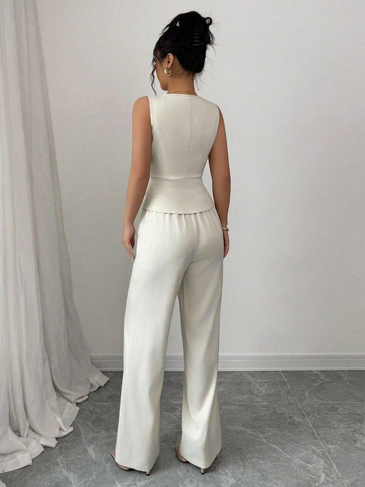 Shein Elenzga Conjunto elegante de camisola sin mangas y pantalones para mujer
