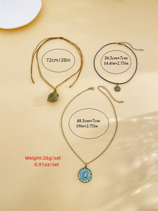 Shein Conjunto de 3 collares ajustables de estilo gótico vintage con colgante de piedra con forma de sol