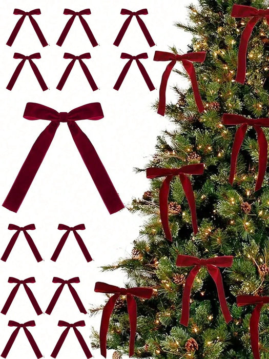 Shein 6 piezas de corbatas de moño de terciopelo burdeos, adecuadas para la decoración del árbol de Navidad, coronas, guirnaldas, con cintas para atar