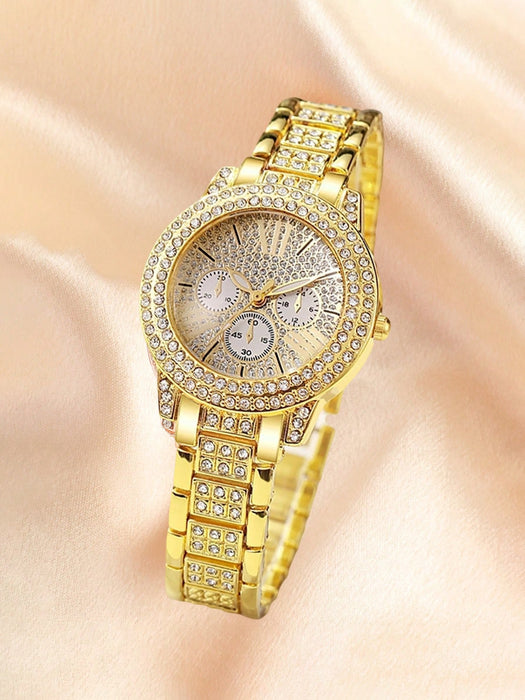 SHEIN 1 reloj de cuarzo de lujo para mujer con correa de acero aleado, diamantes incrustados