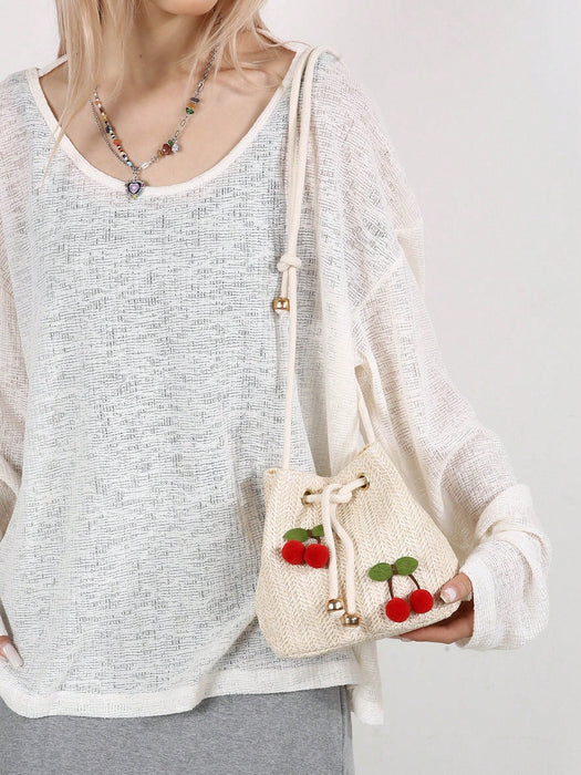 Shein Bolso de hombro/bandolera de moda con diseño de cereza, bolso de cubo con cordón