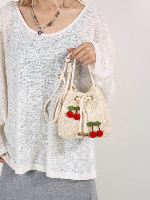 Shein Bolso de hombro/bandolera de moda con diseño de cereza, bolso de cubo con cordón