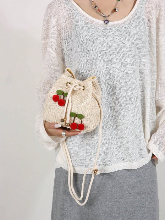 Shein Bolso de hombro/bandolera de moda con diseño de cereza, bolso de cubo con cordón