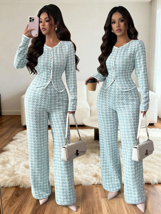 Shein Set de 2 piezas: Camiseta de manga larga con cuello redondo elegante y casual con empalme de jacquard espiga + Pantalones de pierna recta