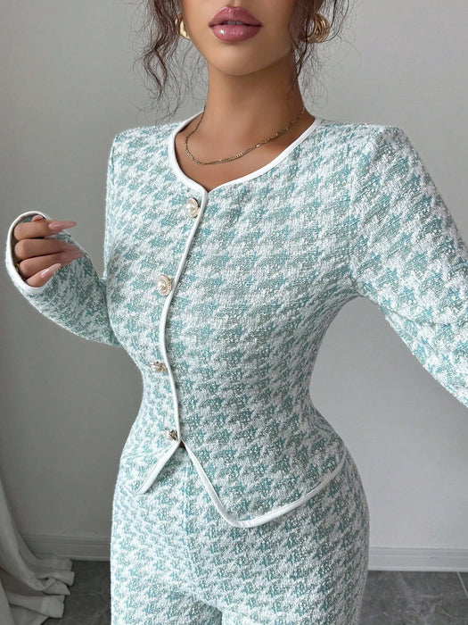 Shein Set de 2 piezas: Camiseta de manga larga con cuello redondo elegante y casual con empalme de jacquard espiga + Pantalones de pierna recta