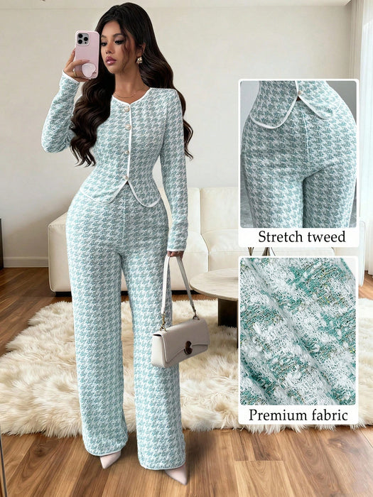 Shein Set de 2 piezas: Camiseta de manga larga con cuello redondo elegante y casual con empalme de jacquard espiga + Pantalones de pierna recta