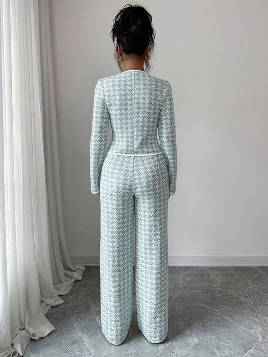 Shein Set de 2 piezas: Camiseta de manga larga con cuello redondo elegante y casual con empalme de jacquard espiga + Pantalones de pierna recta