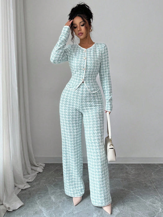 Shein Set de 2 piezas: Camiseta de manga larga con cuello redondo elegante y casual con empalme de jacquard espiga + Pantalones de pierna recta