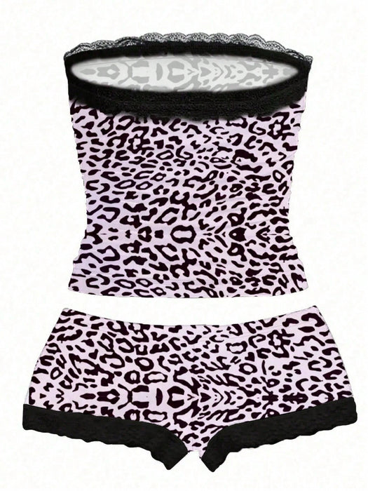 Shein QUELARIE Conjunto de 2 piezas para mujer: top sin tirantes y shorts con estampado de leopardo