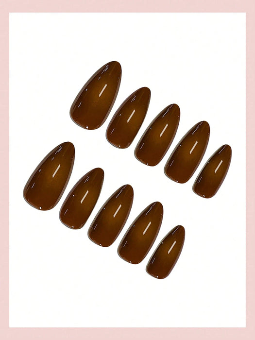 Shein 24 pegatinas para uñas medianas con forma de almendra, efecto degradado marrón
