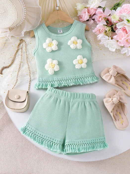 SHEIN Vintaside Kids Conjunto de 2 piezas de top sin mangas y shorts de crochet con estampado floral tipo gofre