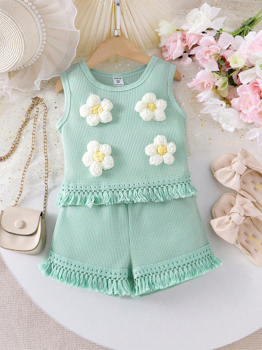 SHEIN Vintaside Kids Conjunto de 2 piezas de top sin mangas y shorts de crochet con estampado floral tipo gofre