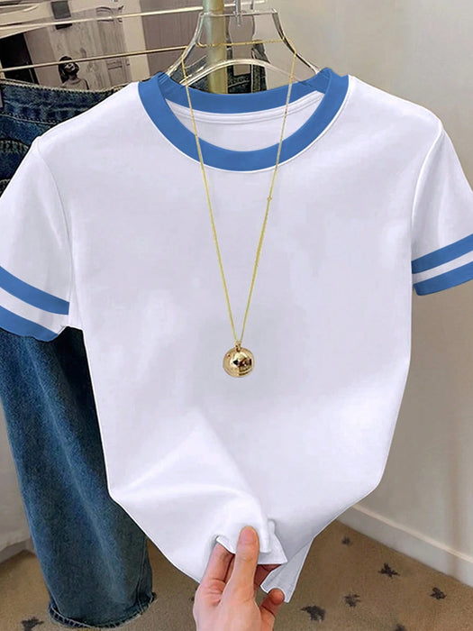 Shein Resyla Camiseta casual versátil de manga corta con cuello redondo y bloques de color para mujer