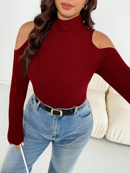 SHEIN Essnce Blusa de cuello alto roja de ajuste ceñido, cómoda y versátil