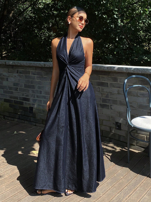 SHEIN DAZY Vestido de mezclilla casual largo con cuello en V