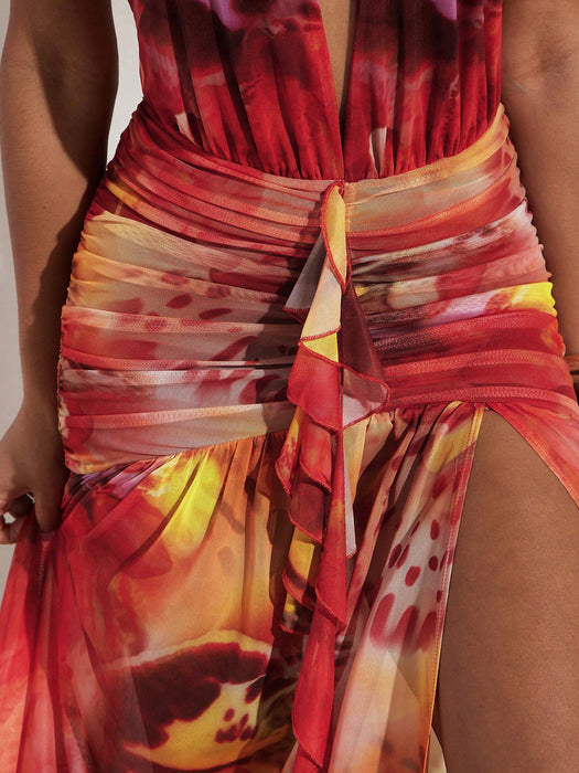 Shein Opulessa Vestido de mujer de punto rojo anaranjado con estampado de malla, escote halter y espalda descubierta