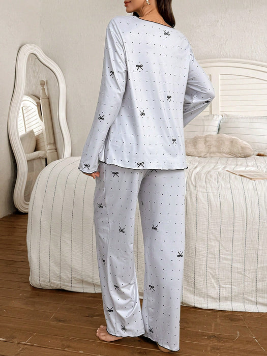 Shein Moonlight&Mama Conjunto de pijamas de maternidad  top de manga larga y cuello redondo y pantalon con estampado de lunares y lazo